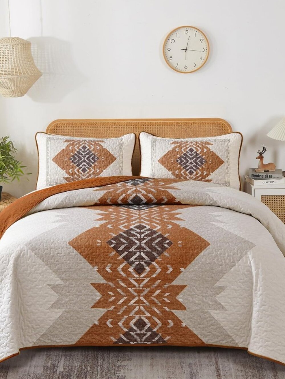 Boho King Quilt Set, Terracotta Aztec Reversible Bedspread